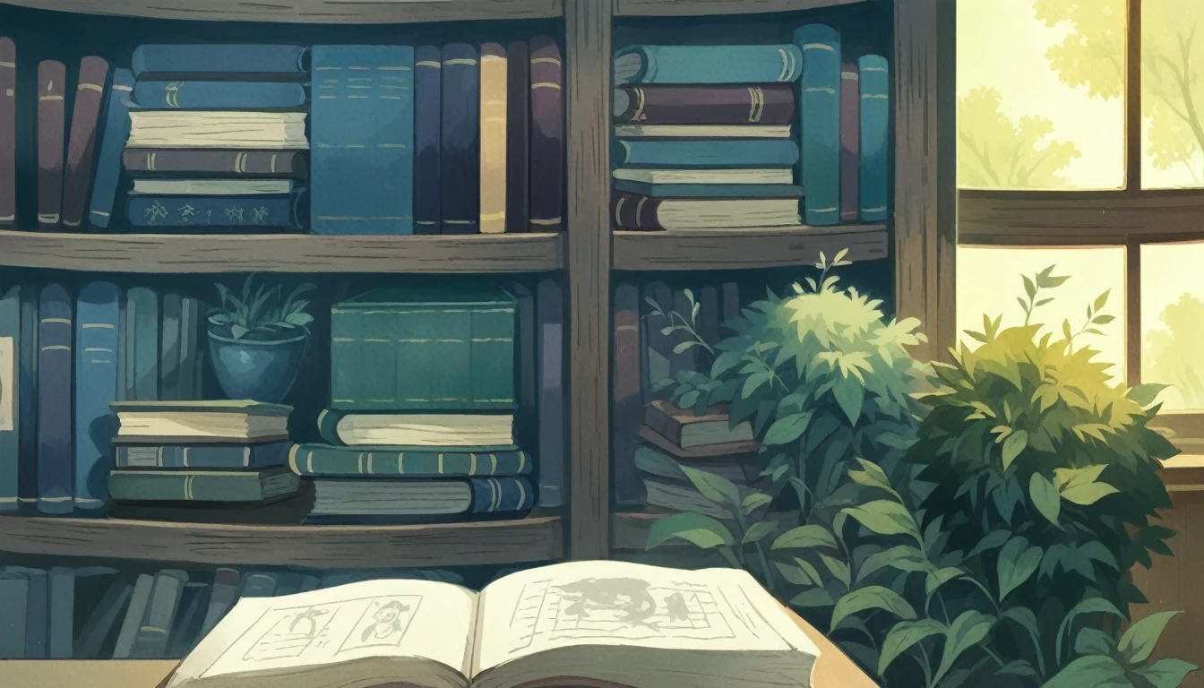 There is an open book on the table，Next to it is a potted plant, library background, alchemist library background, anime background art, dusty library, studio glibly Shinkai Makoto, Detailed 4k, background = library, natural study, interior background art, library interior background, ( ( Shinkai Makoto ) ), Anime Art Wallpaper 4K, Anime Art Wallpaper 4K