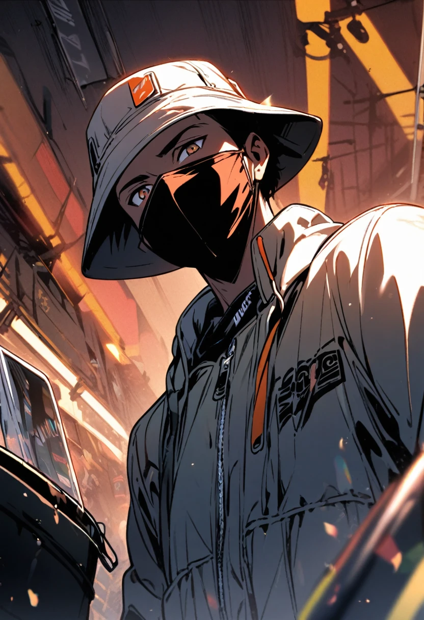 mouth mask, 1man, black man, bucket hat, tech hear, jacket, nice perspective
