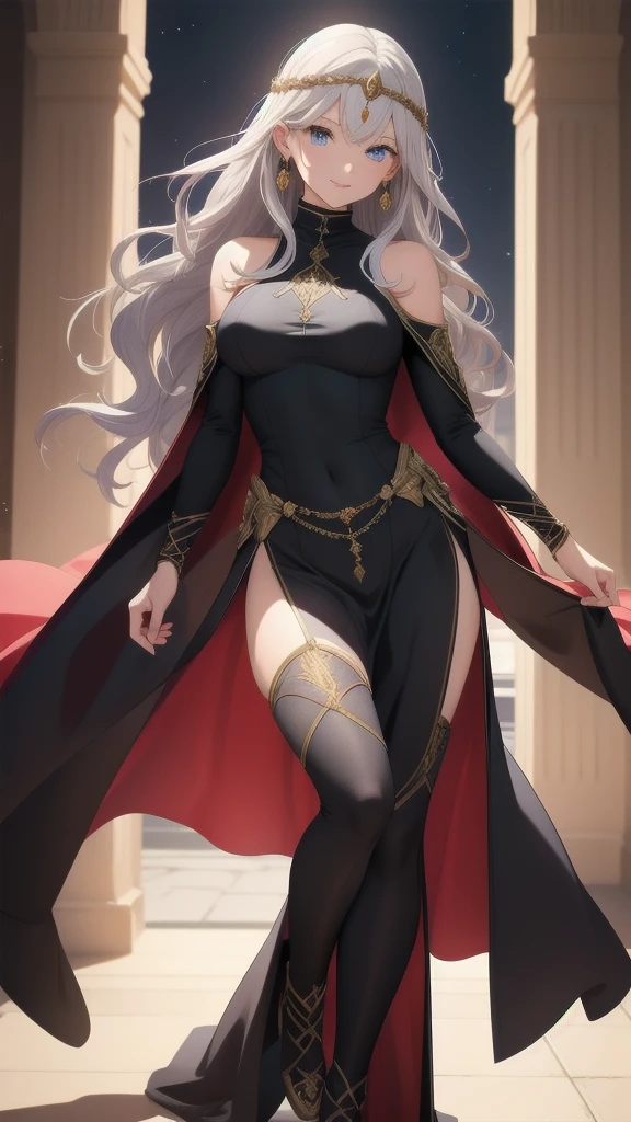 masterpiece, best quality, 1 solo girl, silver hair, blue eyes, long hair, medium breasts, sexy body and face, wavy hair, smile, parted lips, circlet, jewelry, bare shoulders, earrings, bridal gauntlets, sleeveless, black dress, bracelet, side slit, gold trim, red fur-trimmed cape, pelvic curtain, sleeveless dress, black footwear, turtleneck, long sleeves, castle, intdoors, sexy pose, cowboy shots, detailed body, face, and eyes, sharp focus, vibrant, creative, dynamic, high definition, high resolution, 8k, (Upscale: R-ESRGAN 4x+ Anime6mage enchance:4x), voluptuous body, cinema lightning, dakimakura style, looking at the viewer,