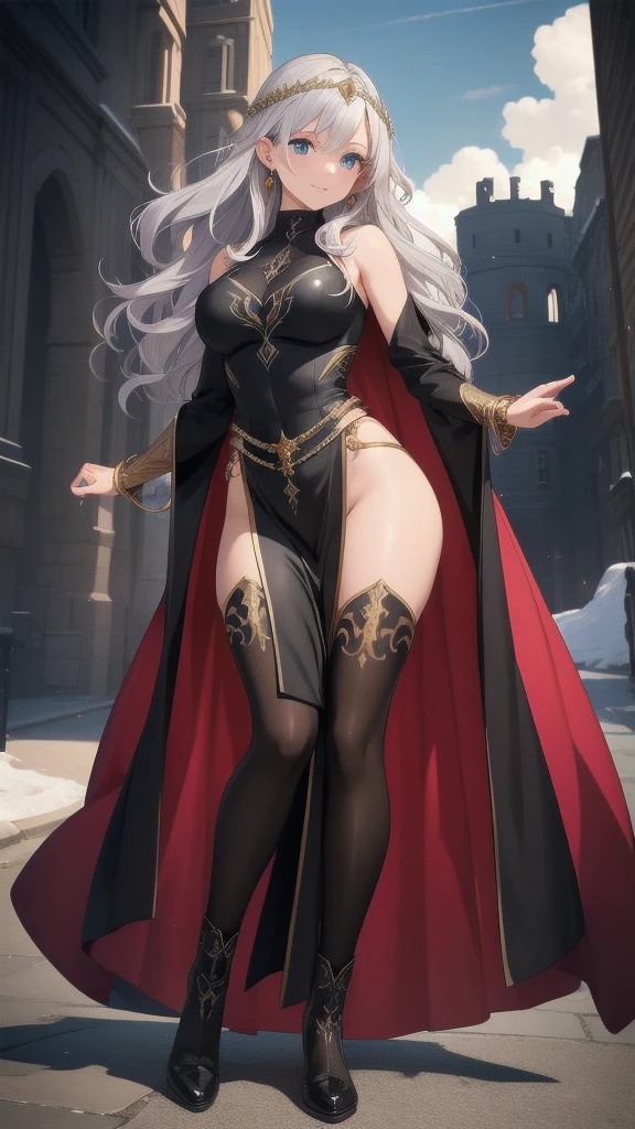 masterpiece, best quality, 1 solo girl, silver hair, blue eyes, long hair, medium breasts, sexy body and face, wavy hair, smile, parted lips, circlet, jewelry, bare shoulders, earrings, bridal gauntlets, sleeveless, black dress, bracelet, side slit, gold trim, red fur-trimmed cape, pelvic curtain, sleeveless dress, black footwear, turtleneck, long sleeves, castle, intdoors, sexy pose, cowboy shots, detailed body, face, and eyes, sharp focus, vibrant, creative, dynamic, high definition, high resolution, 8k, (Upscale: R-ESRGAN 4x+ Anime6mage enchance:4x), voluptuous body, cinema lightning, dakimakura style, looking at the viewer,