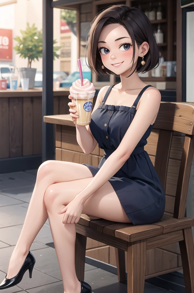 masterpiece, best quality, Android_18, 1girl, solo, sitting, smirk, sundress, drinking milkshake,