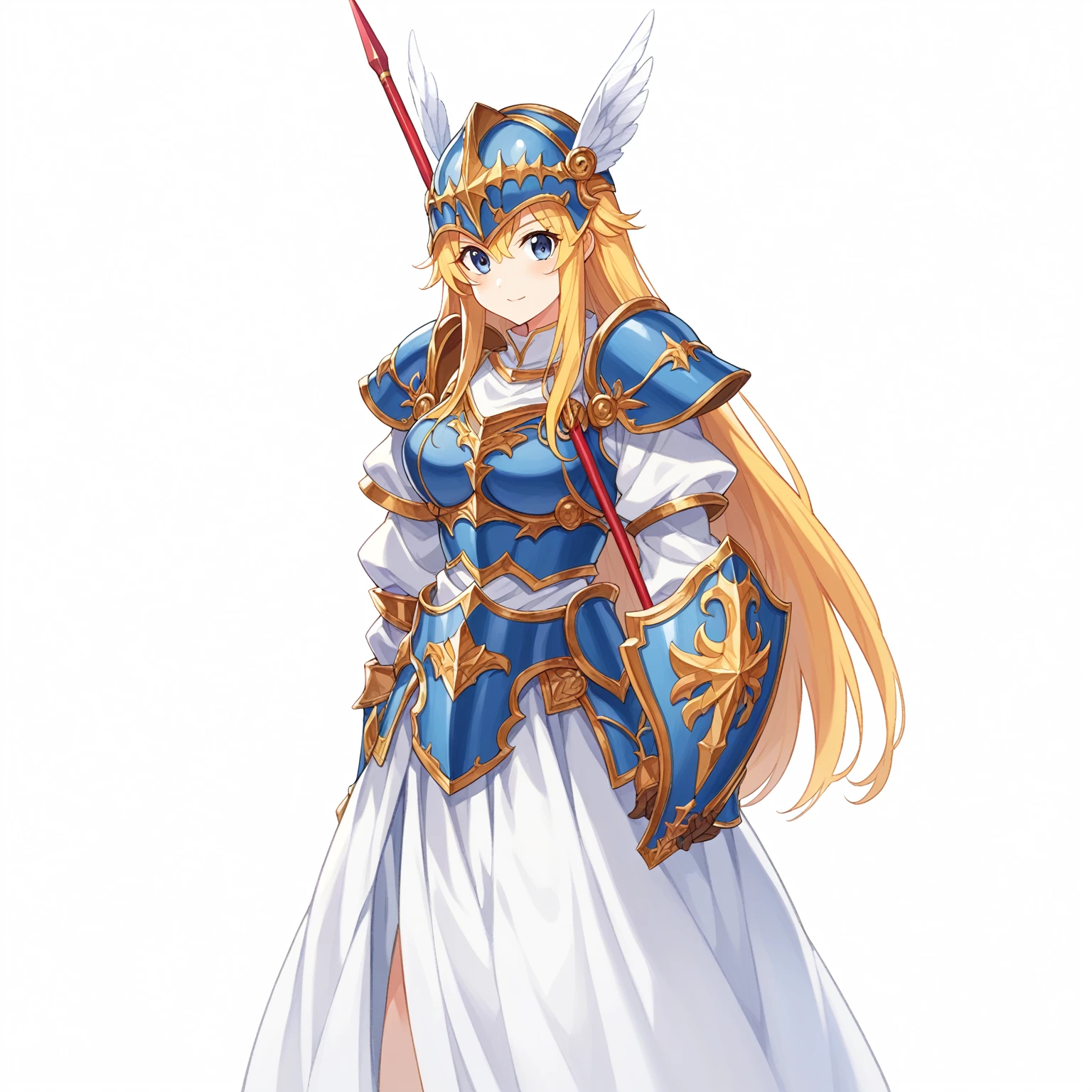 Highest quality, high resolution, High quality game art style, whole body,Valkyrie,Official Art, Smooth game CG art,Cute 3D anime girl render, Visual Novel Sprites, White background,Smooth game CG art, (((Woman with a long spear))),A woman wearing a white dress and blue armor, An intricately designed helmet with white feathers,Small shield, (((Has an exquisite long spear))),Exquisite Blue Armor,Golden Hair, long hair, female knight, Rin々Shii,Large Bust,17 years old,