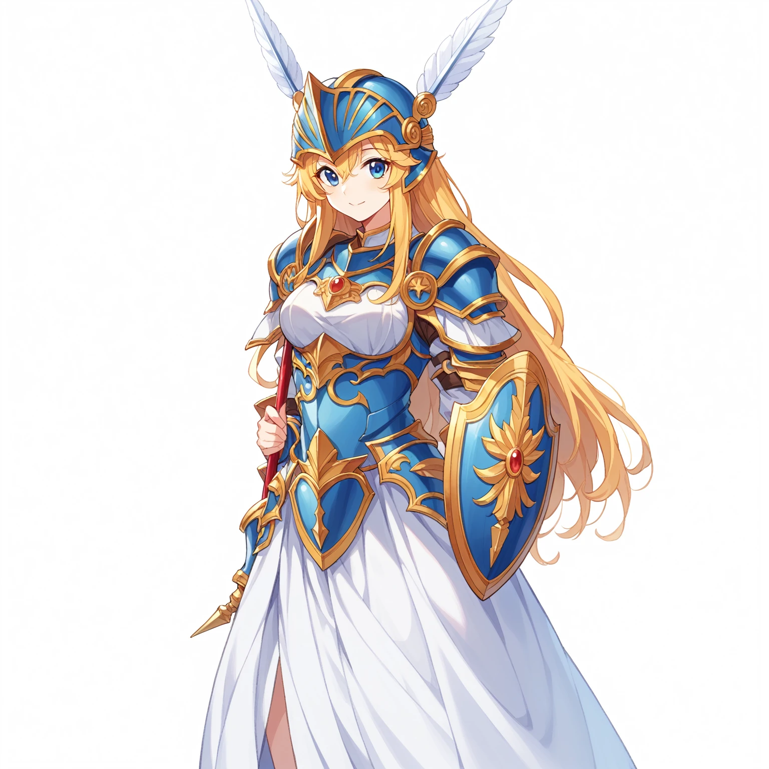 Highest quality, high resolution, High quality game art style, whole body,Valkyrie,Official Art, Smooth game CG art,Cute 3D anime girl render, Visual Novel Sprites, White background,Smooth game CG art, (((Woman with a long spear))),A woman wearing a white dress and blue armor, An intricately designed helmet with white feathers,Small shield, (((Has an exquisite long spear))),Exquisite Blue Armor,Golden Hair, long hair, female knight, Rin々Shii,Large Bust,,