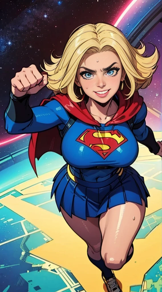 Digital painting of a woman with royal blue and yellow hair, super hero, muscle girl, pose, fist up, ((from above)), 1knee up, Behance Contest Winner, Afrofuturism, Synthwave, neon, glowing neon, sagging massive breasts, very short highschool skirt, cape, sweat, glossy silky skin, smile, in space,