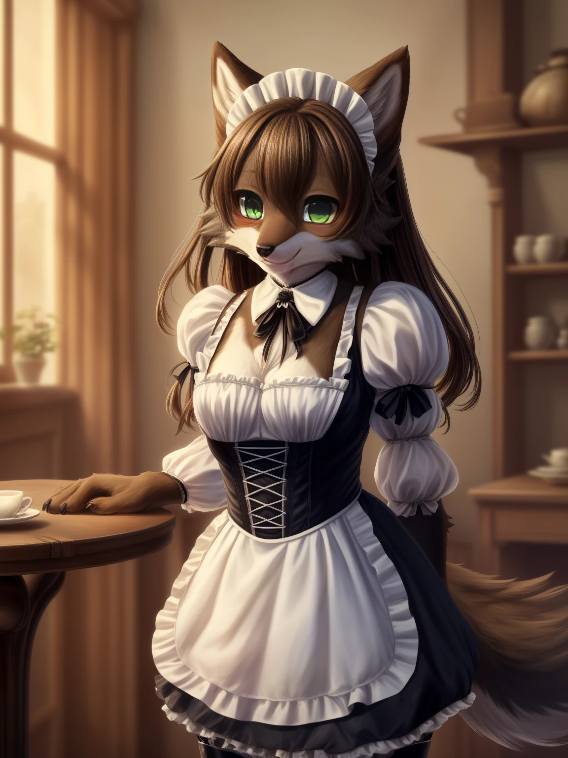  (8K, Masterpiece, high resolution, super fine illustration:1.3), (mature, mannish, cool:1.35), fluffy, green eyes, perfect anatomy, detailed background, (solo, dark brown fur, 1 female wolf kemono:1.5), at European style café, (Victorian maid clothing:1.25), (tall:1.25), smile, looking at viewer 