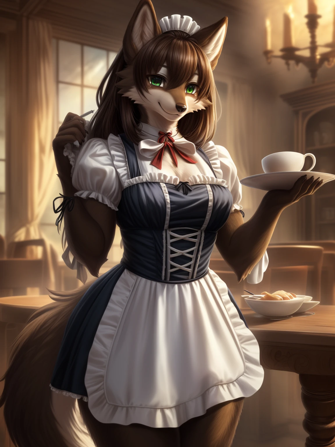  (8K, Masterpiece, high resolution, super fine illustration:1.3), (mature, mannish, cool:1.35), fluffy, green eyes, perfect anatomy, detailed background, (solo, dark brown fur, 1 female wolf kemono:1.5), at European style café, (Victorian maid clothing:1.25), (tall:1.25), smile, looking at viewer 