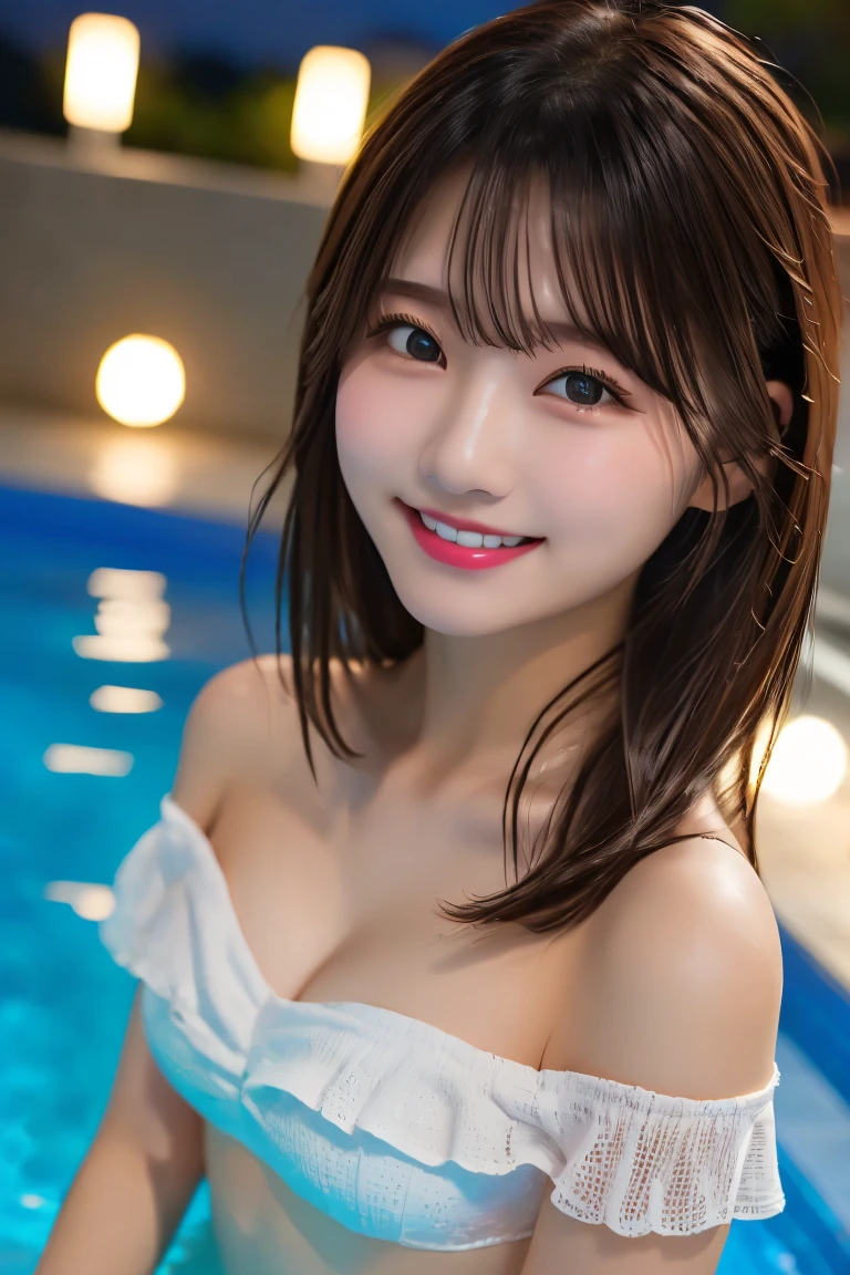 Highest quality, (beautiful)、Swimwear、Soft oist eyes、night、Poolside、See-through off-shoulder、Larger breasts、Upper Body、smile、Selfie、Shoot from above