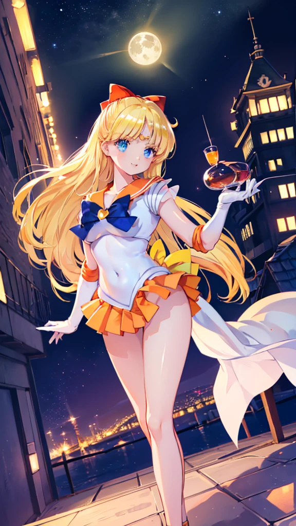 1boy and 1girl, Angle from the front, Show off your chest, (Moonlit night)、(On the roof of a building)、thighs、(shiny White skin:1.6)、blue eyes, ((Slim figure)), (12 years old girl), (A sadistic and malicious grin), (Shiny blonde hair)、Long hair, (forehead), (feet), Blue ribbon on chest, (Big red ribbon), ((Sailor Venus))、Sailor suit、(Orange pleated mini skirt)、panties、skirt lift up, sexy pose,