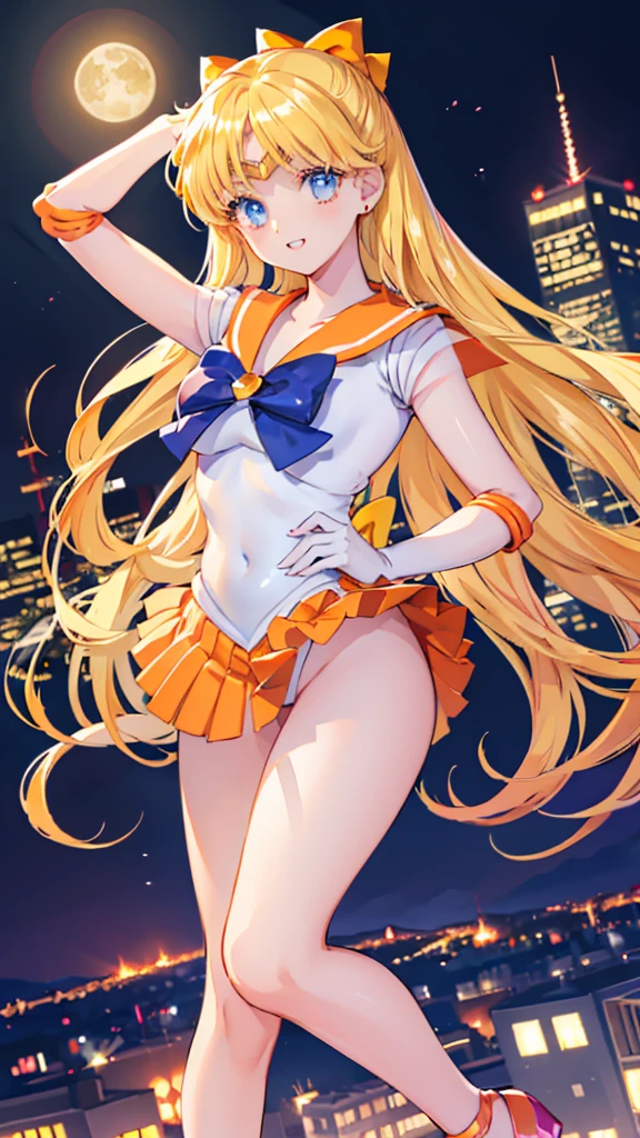 1boy and 1girl, Angle from the front, Show off your chest, (Moonlit night)、(On the roof of a building)、thighs、(shiny White skin:1.6)、blue eyes, ((Slim figure)), ( girl), (A sadistic and malicious grin), (Shiny blonde hair)、Long hair, (forehead), (feet), Blue ribbon on chest, (Big red ribbon), ((Sailor Venus))、Sailor suit、(Orange pleated mini skirt)、panties、skirt lift up, sexy pose,