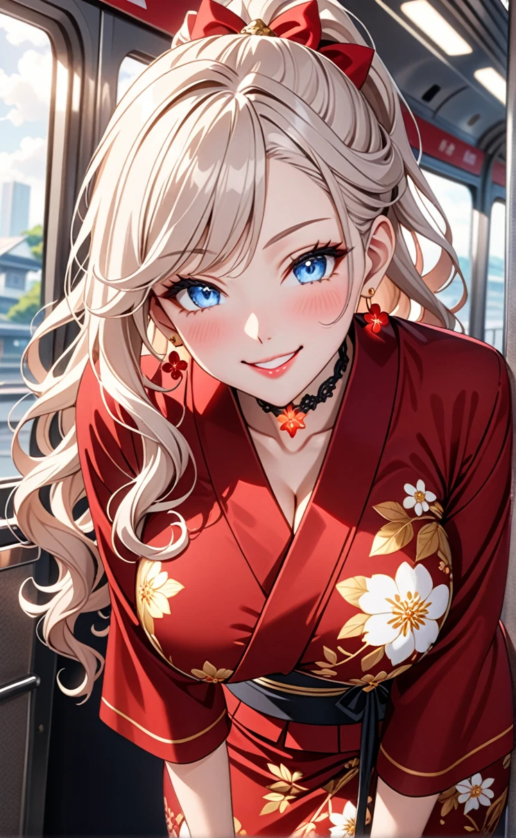 ultra-detailed, ((one girl)), (pale skin:1.3), gyaru, ((blue eyes)), (heavy makeup), hyper detailed, absurdres, 8K, Beautiful Face, (Laugh shyly), ((teasing smile:1.8)), ((Wink:1.7)), (Laugh with your mouth wide open),((Tilt your head:1.7)), View your viewers, ((Bright red cheeks:1.6)),Glossy Red Lips, ((Big Breasts:1.5)), (show off breast), noon, on the train, (Brighten your face), ((Anime style background)),masterpiece, Highest quality, so beautiful,Latest, Complex details, (Pink long nails), (nail art), (ring),(bracelet), (Floral Choker),AI-generated, Complex,High resolution, Highest quality, super high quality,3D Images、3D Images,One person,Long white hair,(High Ponytail), (wavy hair:1.3), White haired anime woman posing for a photo, ((Fine grain、blue eyes、glowing eyes:1.4)), (Squint your eyes:1.1),a hyperRealistic , hyperRealistic , Realistic,Anime woman with long white hair, Smooth anime CG art, (A girl in a gorgeous black kimono), ((Black furisode:1.3)), (Gold embroidery), (Red floral pattern), ((undressing kimono:1.5)), Long flower hair ornament,Floral Earrings,Mature Body, tall,Narrow waist, Sit in your seat, ((leaning forward:1.5), ((front view)),((Zoom up to face:1.3)),