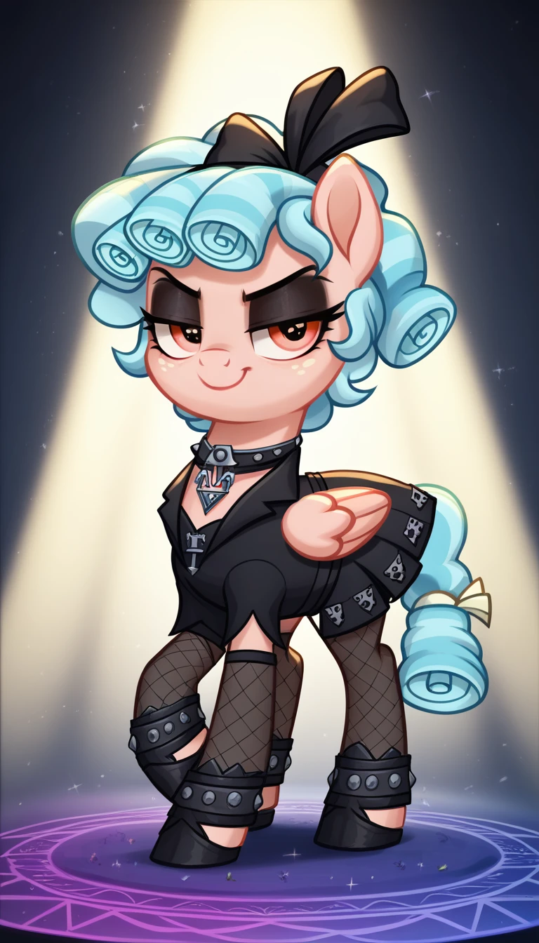 score_9,score_8_up,score_7_up,score_6_up, filly, cozy glow, Gothic pony, goth fashion, glowing backlight, fashion show, catwalk scene, glitter, whimsical, enchanted, magical, fantasy art concept, intricate details, smug smile