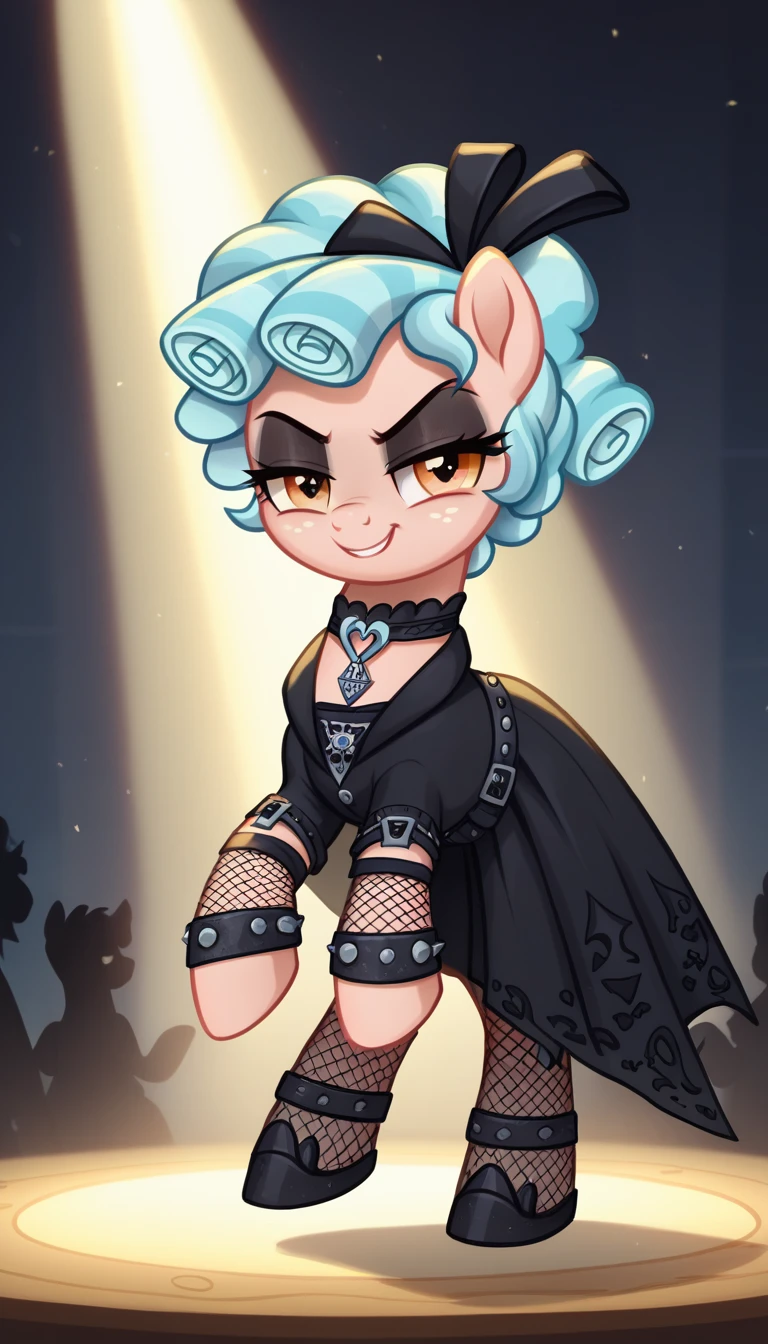 score_9,score_8_up,score_7_up,score_6_up, filly, cozy glow, Gothic pony, goth fashion, glowing backlight, fashion show, catwalk scene, glitter, whimsical, enchanted, magical, fantasy art concept, intricate details, smug smile