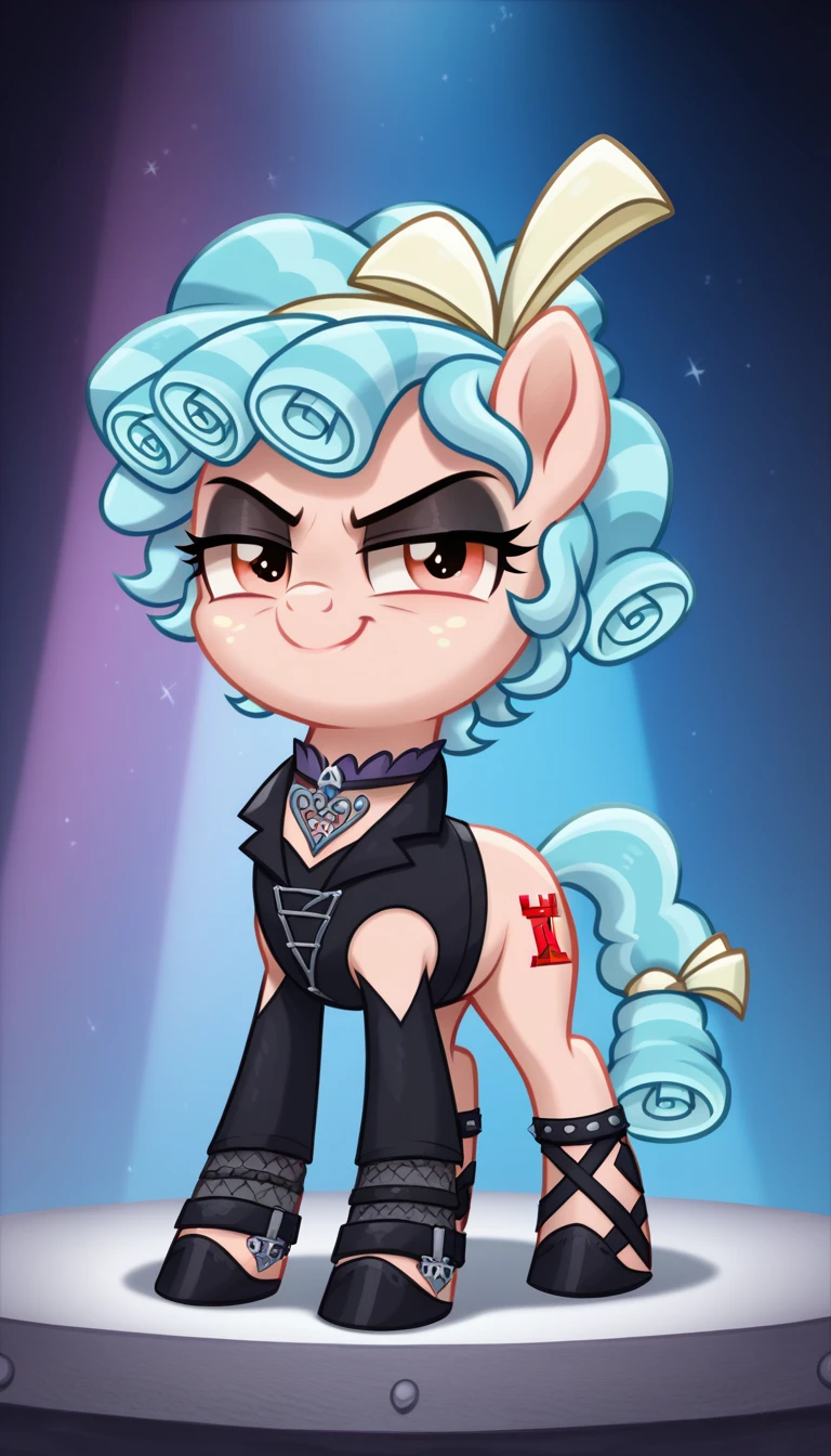 score_9,score_8_up,score_7_up,score_6_up, filly, cozy glow, Gothic pony, goth fashion, glowing backlight, fashion show, catwalk scene, glitter, whimsical, enchanted, magical, fantasy art concept, intricate details, smug smile