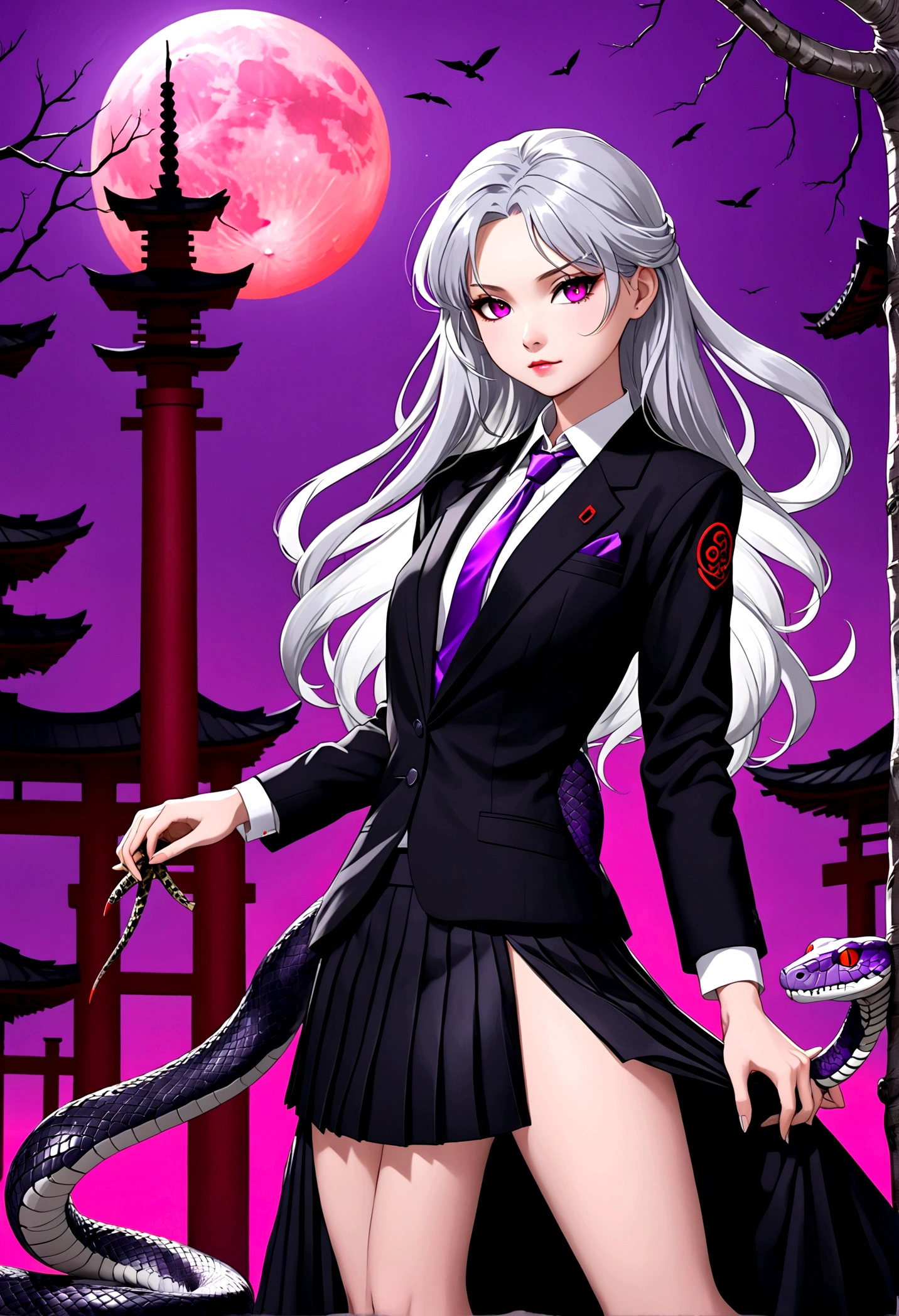 Flat style,Japanese anime style,(((1 beautiful girl,Silver long hair,Smooth skin,Black pleated skirt suit))),Katana in hand,Elegant dynamic pose,Dynamic Blur,Red Moon,Dark purple tones,Mysterious and elegant atmosphere,(((Purple fluorescent python snake skeleton background)))