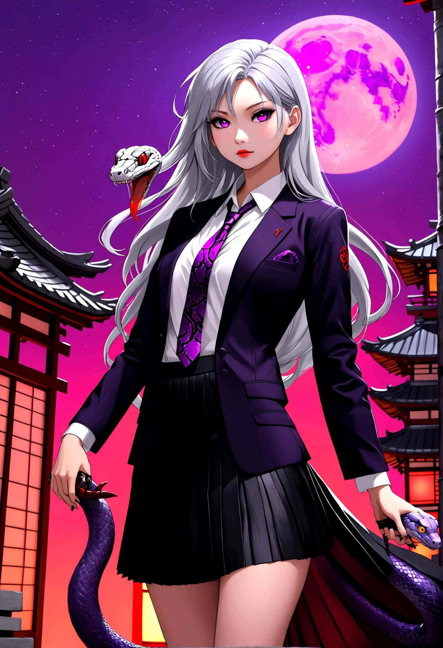 Flat style,Japanese anime style,(((1 beautiful girl,Silver long hair,Smooth skin,Black pleated skirt suit))),Katana in hand,Elegant dynamic pose,Dynamic Blur,Red Moon,Dark purple tones,Mysterious and elegant atmosphere,(((Purple fluorescent python snake skeleton background)))