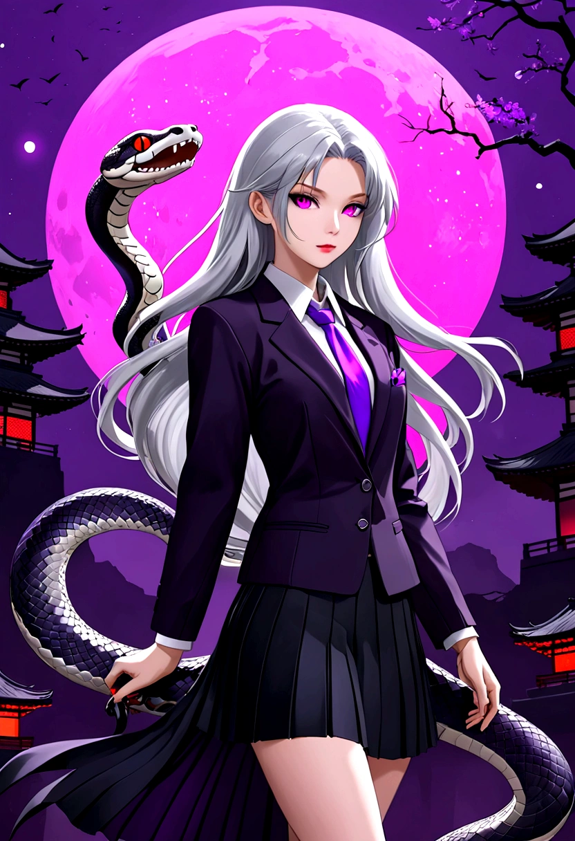 Flat style，Japanese anime style，(((1 beautiful girl，Silver long hair，Smooth skin，Black pleated skirt suit)))，Katana in hand，Elegant dynamic pose，Dynamic Blur，Red Moon，Dark purple tones，Mysterious and elegant atmosphere，(((Purple fluorescent python snake skeleton background)))