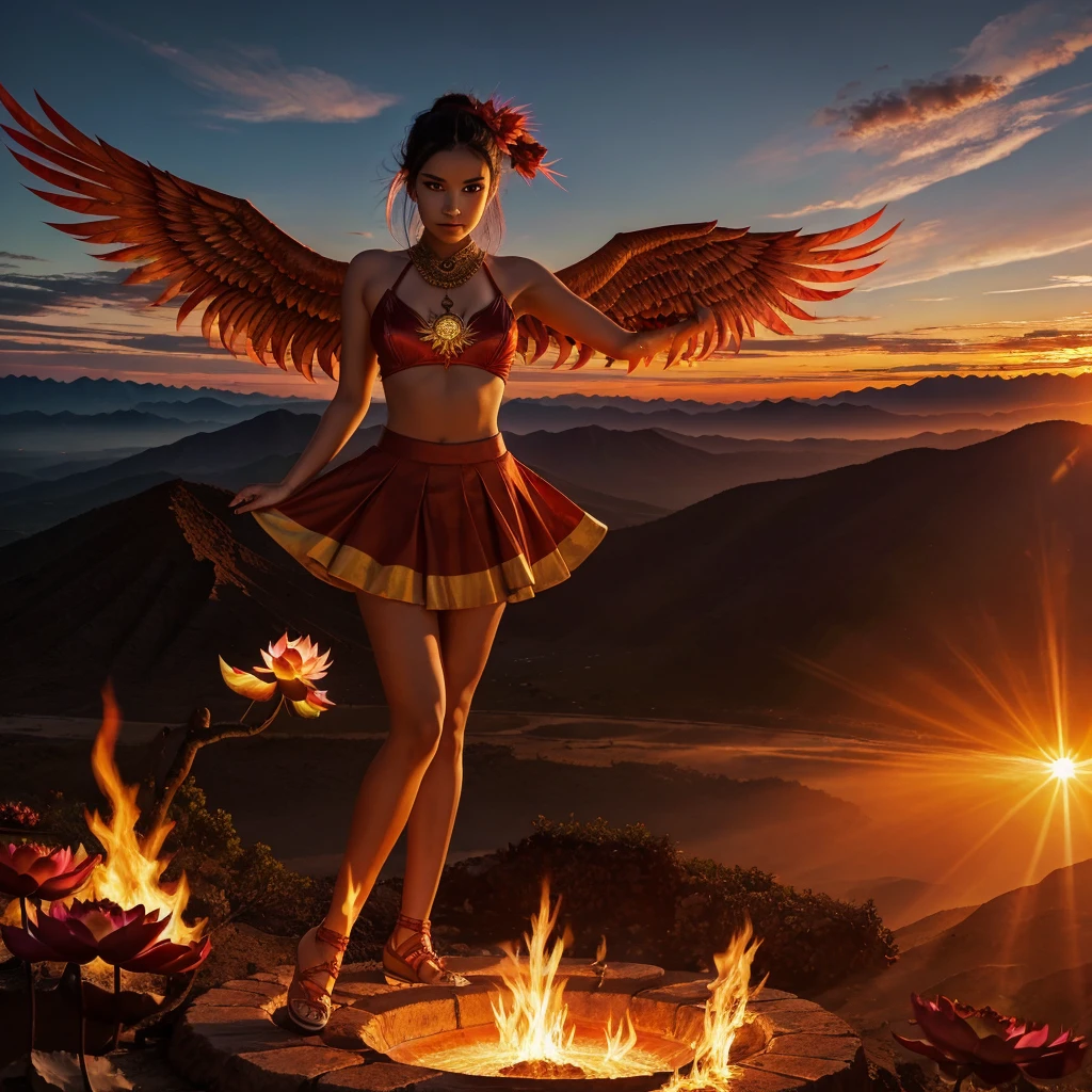 (Masterpiece, best quality: 1.2), a girl with phoenix wings standing in a ring of fire, with glowing red eyes, phoenix, lotus flowers, red gold pink, sunrise from mountain at the background
