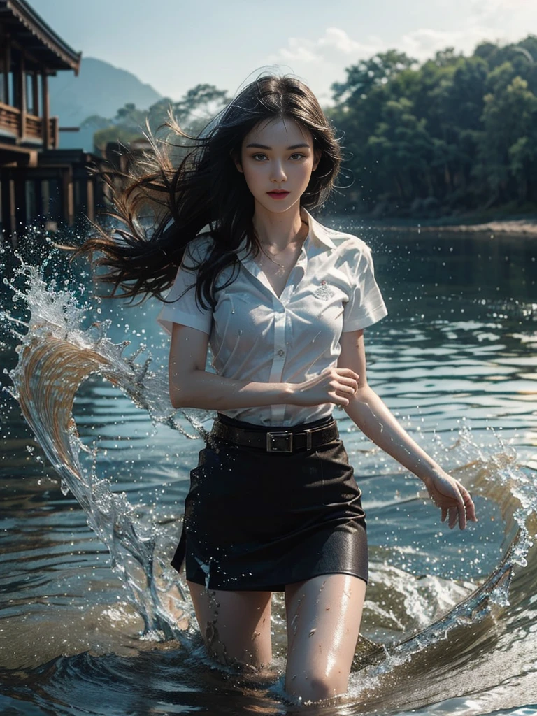 18s woman in thai university uniform, very beautiful, pretty, wet long straight hair, white wet plain short-sleeve button up shirt, black bra, black wet tight mini skirt, brown belt, masterpiece:1.2, high detail, realistic, cinematic scene, slim and perfect figure, perfect body proportions, 16k, portrait photo, dynamic pose, dynamic compositions, water, surrounded by heavy spiral water, motion blur, long exposure, at sea shore, martial arts, blue light tone, water magic, (water element:1.2), water goddess, xuer martial arts, insane detailed on face, close up, water droplets on the skin, water drips all over her body, water droplet on her face, wet body, selective focus, shallow sea