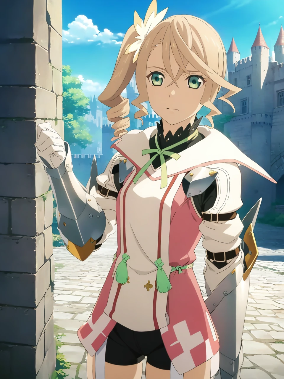 adarmor, blonde hair, side ponytail, green eyes, armor, neck ribbon, black shorts, garter straps, gauntlets, gloves, greaves, 1girl, solo
BREAK
castle courtyard, battlements, day, clouds, depth of field, cinematic, game cg, anime screencap, official art, masterpiece, best quality
