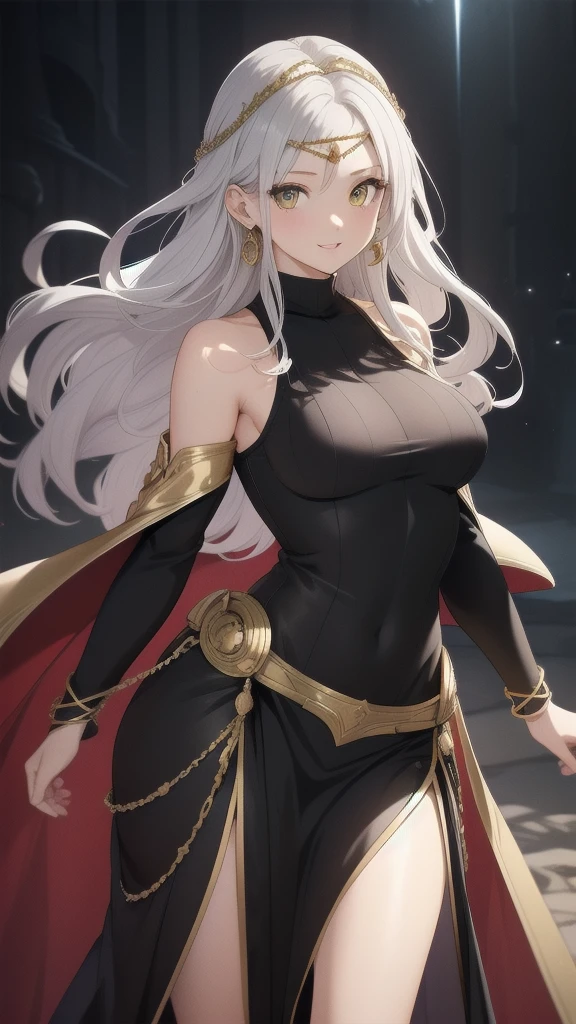 masterpiece, best quality, 1 solo girl, silver hair, yellow eyes, long hair, medium breasts, sexy body and face, wavy hair, smile, parted lips, circlet, jewelry, bare shoulders, earrings, bridal gauntlets, sleeveless, black dress, bracelet, side slit, gold trim, red fur-trimmed cape, pelvic curtain, sleeveless dress, black footwear, turtleneck, long sleeves, castle, intdoors, sexy pose, cowboy shots, detailed body, face, and eyes, sharp focus, vibrant, creative, dynamic, high definition, high resolution, 8k, (Upscale: R-ESRGAN 4x+ Anime6mage enchance:4x), voluptuous body, cinema lightning, dakimakura style, looking at the viewer,