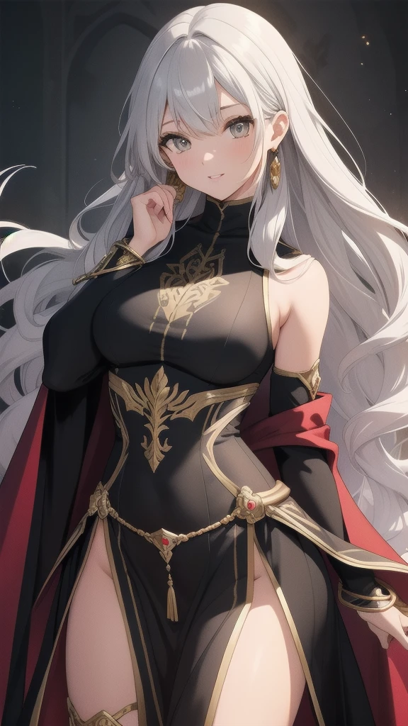 masterpiece, best quality, 1 solo girl, silver hair, yellow eyes, long hair, medium breasts, sexy body and face, wavy hair, smile, parted lips, circlet, jewelry, bare shoulders, earrings, bridal gauntlets, sleeveless, black dress, bracelet, side slit, gold trim, red fur-trimmed cape, pelvic curtain, sleeveless dress, black footwear, turtleneck, long sleeves, castle, intdoors, sexy pose, cowboy shots, detailed body, face, and eyes, sharp focus, vibrant, creative, dynamic, high definition, high resolution, 8k, (Upscale: R-ESRGAN 4x+ Anime6mage enchance:4x), voluptuous body, cinema lightning, dakimakura style, looking at the viewer,