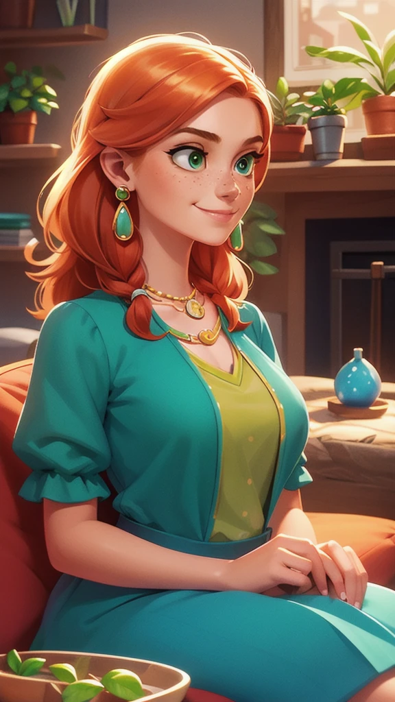 Concept Art,character illustration of a,European and American cartoons,A 20-year-old blonde girl is sitting leisurely in the living room,Leisure,European and American cartoons,1 Girl,freckle,Solitary,Jewelry,Green Eyes,Weaving,earrings,twin Weavings,necklace,Looking at the audience,Red hair,breast,Vague,plant,Short sleeve,Vague background,diaphragm,Upper Body,Puff sleeves,bracelet,Smile,Long hair,puffy Short sleeve,Necklace,Umbilical cord,Top of crop,