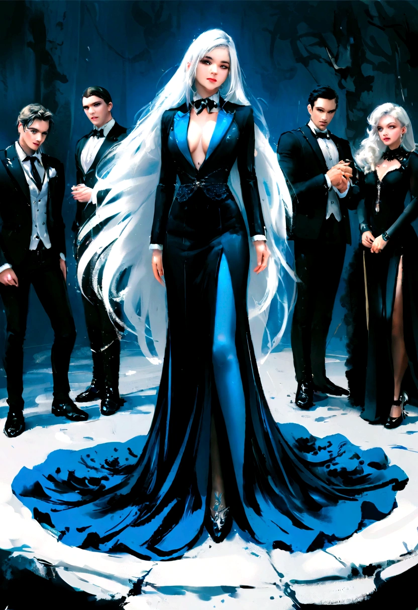 Two people dressed in formal clothes posed for a photo., Wolop and Sakimi-chan, Artwork in the style of gouache, Wlop และ Ross Tran, Wolop and Andrei Riabovitchev, Neo Artcore and Charlie Bowater, Greedy and failed, knight and princess, loish and ross tran, have white hair
