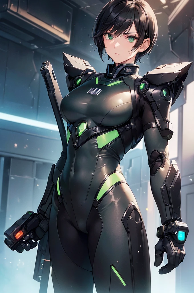 (masterpiece; best quality: 1.2), (finely detailed eyes: 1.3), ((25 year old man)), ((solo)), (green eyes: 1.4), (body; lean, fit, masculine: 1.3), (short black hair: 1.3), (beautiful and clear background: 1.2), ((depth of field)), (equipment: black mech pilot bodysuit + black gloves + futuristic pistol: 1.3), (anime illustration: 1.2), (background composition; white mech hangar: 1.1), (extremely fine and handsome: 1.1), (shot composition; standing + centered on torso + close-up: 1.5), (expression; calm, stoic: 1.2)