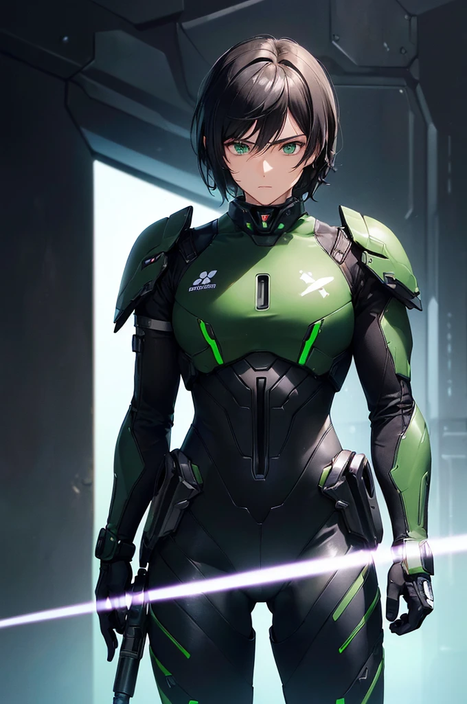 (masterpiece; best quality: 1.2), (finely detailed eyes: 1.3), ((25 year old man)), ((solo)), (green eyes: 1.4), (body; lean, fit, masculine: 1.3), (short black hair: 1.3), (beautiful and clear background: 1.2), ((depth of field)), (equipment: black mech pilot bodysuit + black gloves + futuristic pistol: 1.3), (anime illustration: 1.2), (background composition; white mech hangar: 1.1), (extremely fine and handsome: 1.1), (shot composition; standing + centered on torso + close-up: 1.5), (expression; calm, stoic: 1.2)