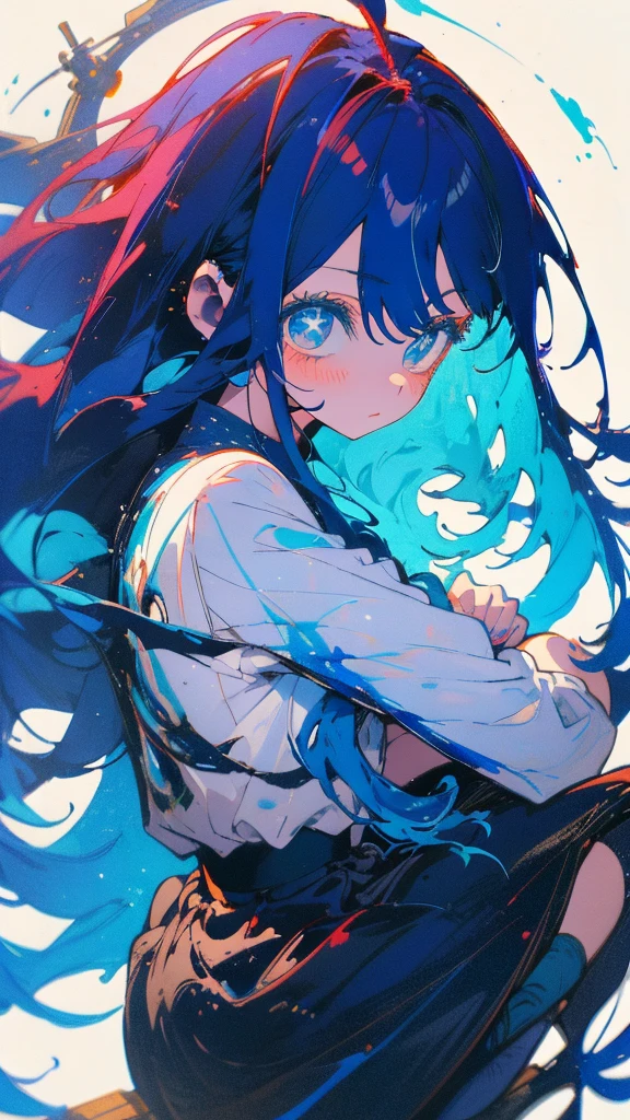 Blue-haired long hair，Design clothing，Seven-doppelganger shot，Anime style 4K，Anime girl with teal hair，High quality anime art style，sit  down,painting，Splash ink background，Blue Themes、Pure white background,Buildings,Face close-up,Buildings,Moon and sun、Long legs, whale flying in the sky