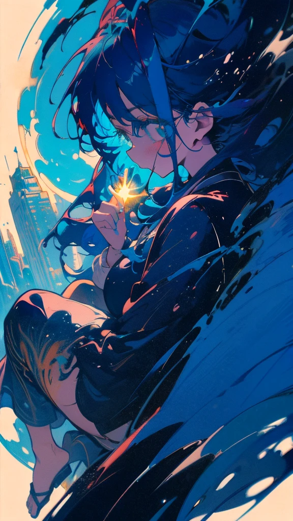 Blue-haired long hair,Design clothing,Seven-doppelganger shot,Anime style 4K,Anime girl with teal hair,High quality anime art style,sit down,painting,Splash ink background,Blue Themes、Pure white background,Buildings,Face close-up,Buildings,Moon and sun、Long legs, whale flying in the sky