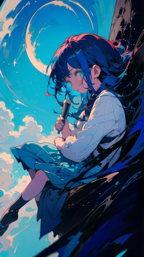 Blue-haired long hair，Design clothing，Seven-doppelganger shot，Anime style 4K，Anime girl with teal hair，High quality anime art style，sit  down,painting，Splash ink background，Blue Themes、Pure white background,Buildings,Face close-up,Buildings,Moon and sun、Long legs, whale flying in the sky