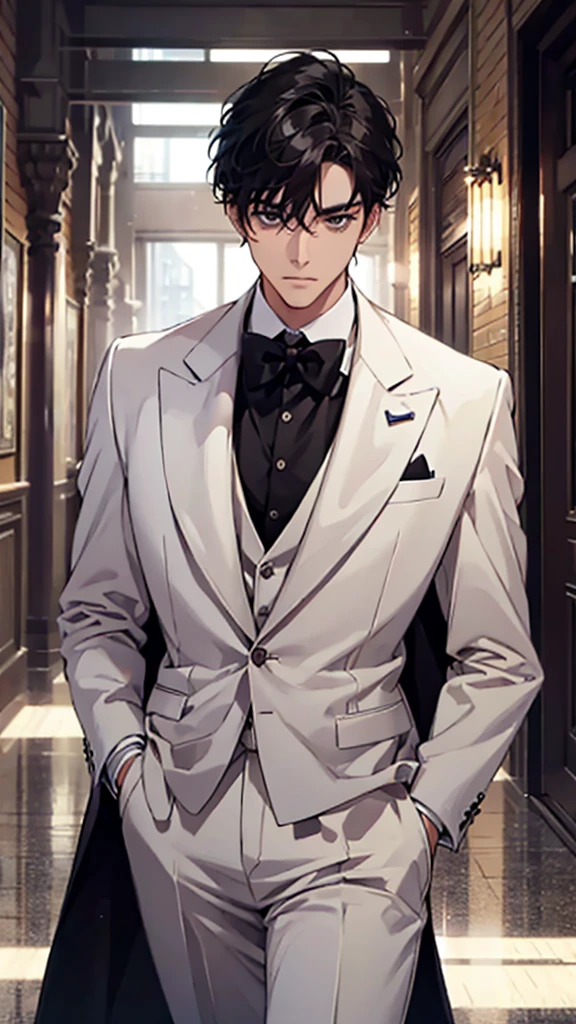 a man in white suit, black hair, black tie, looking at viewer