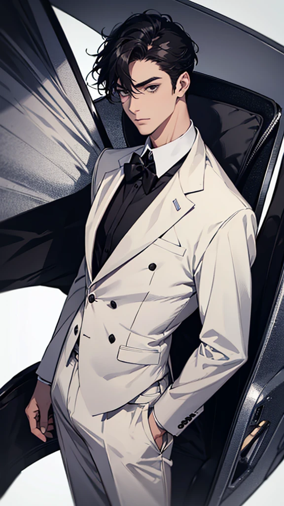 a man in white suit, black hair, black tie, looking at viewer