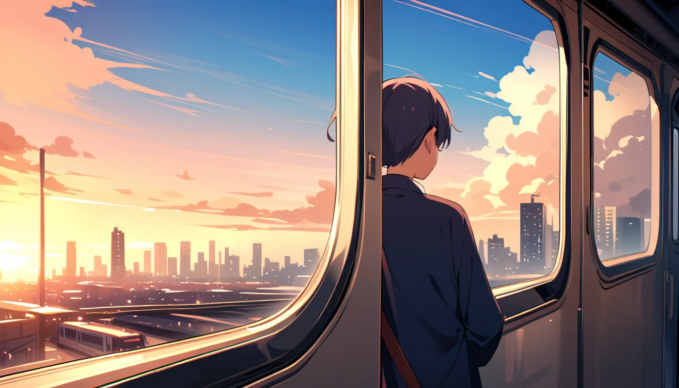 evening、on the train、City、Man looking out the window、designer、Emotional