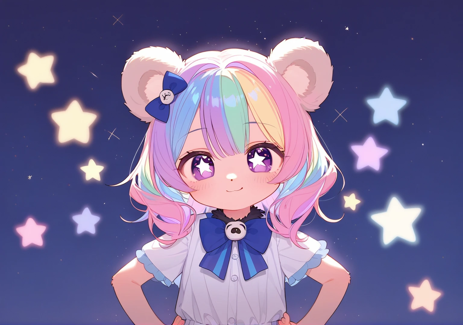 masterpiece, best quality, score_9,pastel multicolor hair, purple eyes, tiny bear ears, bear ears,pastel rainbow hair, star shaped eyes, proud smile, cute,1girl, hands on hips pose,blue bow on neck,space buns,star shaped eyes, blue bow on neck,fluffy pink skirt,bear ears, star hairties, purple eyes,close-up,dressy kawaii top,