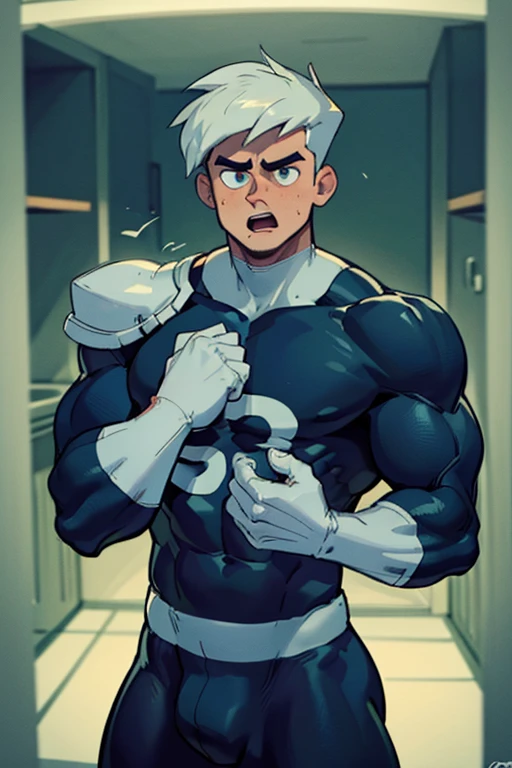 (Masterpiece) (Hyper muscular) (3 boys) Danny Phantom, Dash Baxter, football stadium background, ghost, hypnosis, jock, conversion, locker room hallway, hyper muscles, jockstrap, bro, meathead, hypnotized, brainwashed, brainwashing, big dumb jock, football. Glowing blue eyes. Hyper crotch bulge. Massive bulging crotch. Big balls. Big biceps. Big triceps. Big traps. Broad shoulders. Big meaty pecs. Big thighs. Thick glutes. Hyper muscles. crew cut. Football team assimilation. Well endowed. Clothes turning into Casper High School football uniform. Danny Fenton looks shocked and gradually transitions to a dull vapid expression instead as his eyes glow. Fellow football players lay gloved hands on his shoulder pads. "Gah! What happened to me? I look like a—! Like a ... BIG ... DUMB ... JOCK...." Open mouth. Blank stare. digital painting. Very detailed. Vapid stare. Dumber and dumber. Brain drain. Dash Baxter smirks and says, "That's because that is what you are now, Fenton. You're gonna be just like us. And you're gonna love every minute of it." Danny replies, "Love ... being ... a jock.... Big ... dumb ... hung ... jock...."