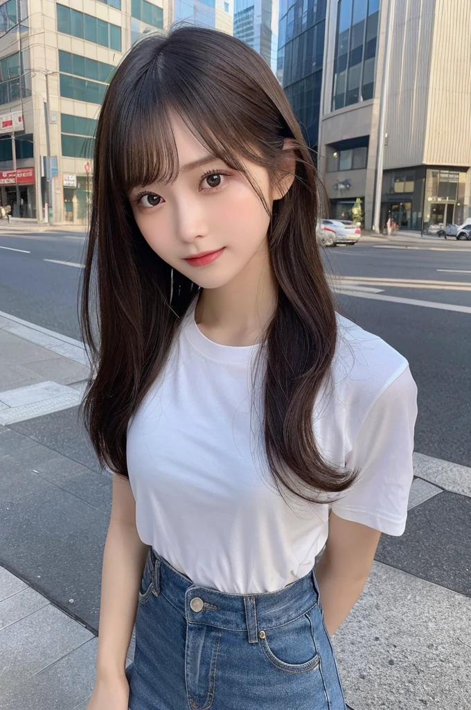 (8k, RAW photo, top quality, masterpiece: 1.2), (realistic, photorealistic: 1.37), three-dimensional, ultra detail, ultra high resolution, one girl, beholder, beautiful detailed face, smile, constriction, (slim waist): 1.3), beautiful detailed skin, skin texture, floating hair, professional lighting, Japanese beautiful girl, medium hair, beautiful hair, 20 years old, attractive breasts, full body from toes to head, standing, Shift gaze away, gaze into the distance, Sibuya city, wide pants, loose T-shirts, T-shirt in pants