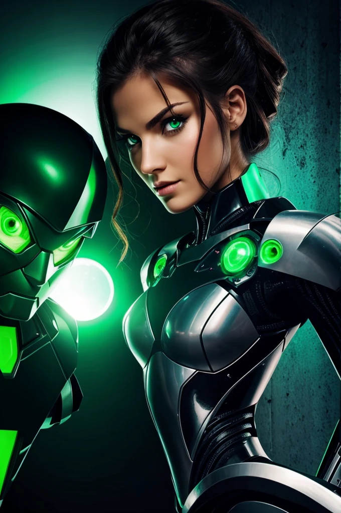 Evil robot holding the head of a beautiful green eyed female