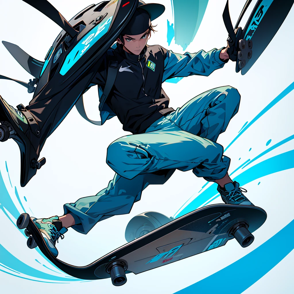 Create a 2D illustration in futuristic style of a young man riding a skate, wearing a cap, blank image background, sticker