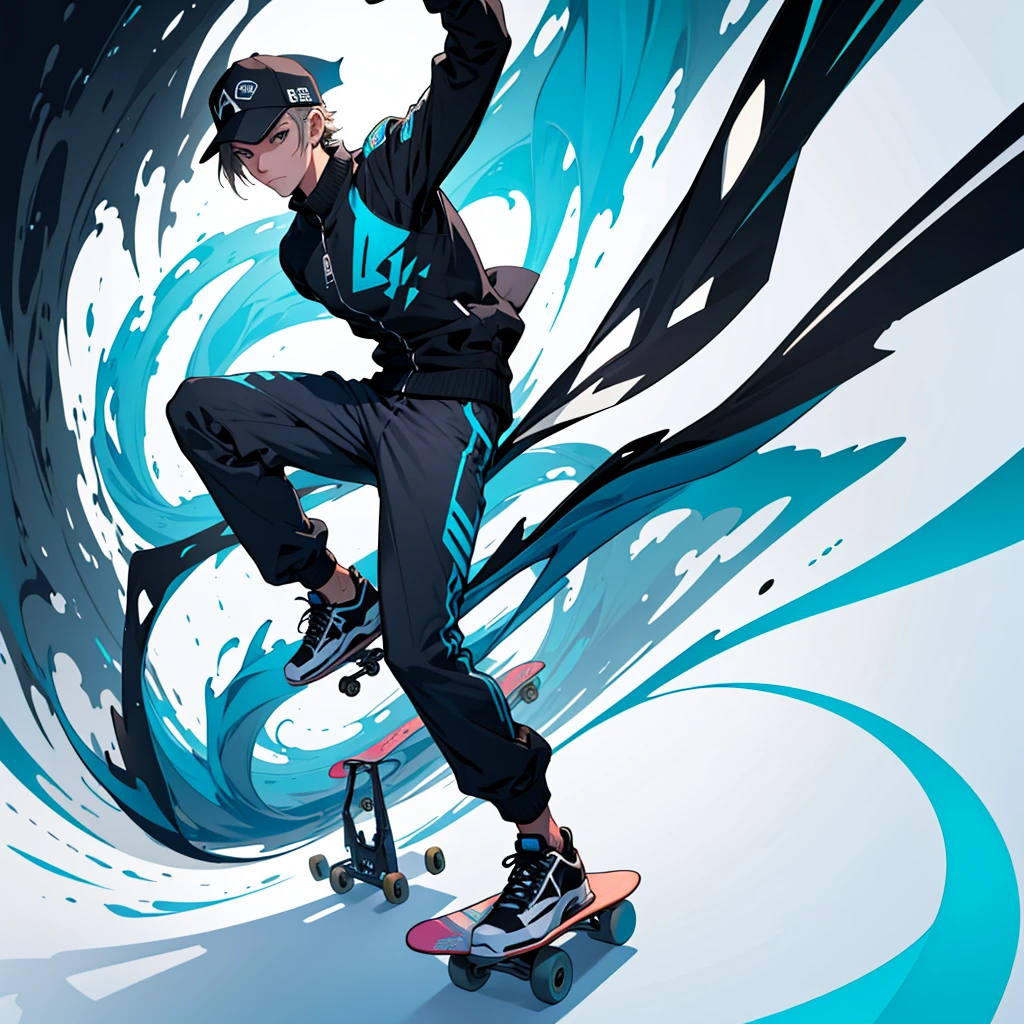Create a 2D illustration in futuristic style of a young man riding a skate, wearing a cap, blank image background, sticker