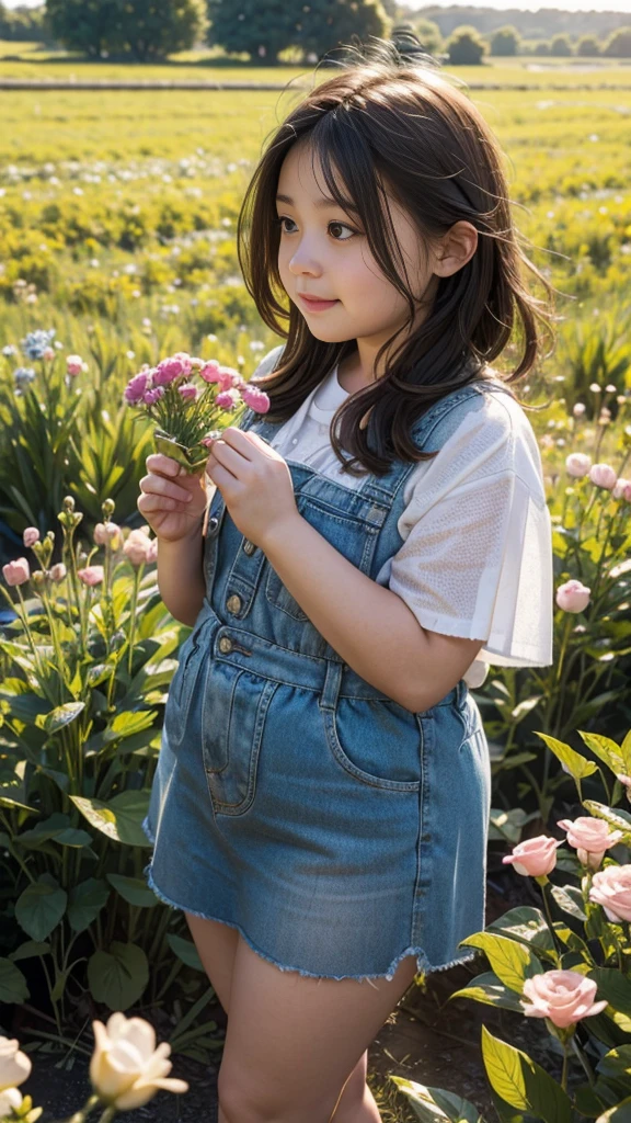 Chubby young girl picking flowers in a field 