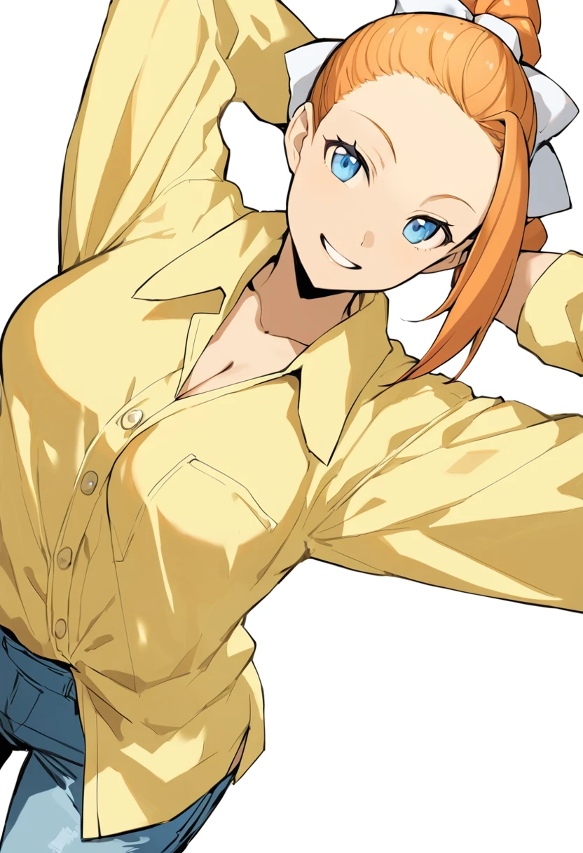 pewarnaan character, visual illustration, @ANN, 1girl, solo, dress shirt, white background, naked shirt, smile, blue eyes, simple background, looking at viewer, breasts, arms up, long sleeves, yellow shirt, orange hair, cowboy shot, collarbone, collared shirt, cleavage, denim, hair pulled back, grin, blonde hair, long hair, medium breasts, forehead, standing, arms behind head, ponytail, braided ponytail, single braid, teeth, oversized clothes, medium hair, short hair, partially unbuttoned, pants, see-through silhouette, oversized shirt, see-through, buttons, head tilt, parted lips, large breasts, hair ribbon, white bow, tomboy, plaid shirt, ann \(harvest moon\), ran \(bokujou monogatari\)