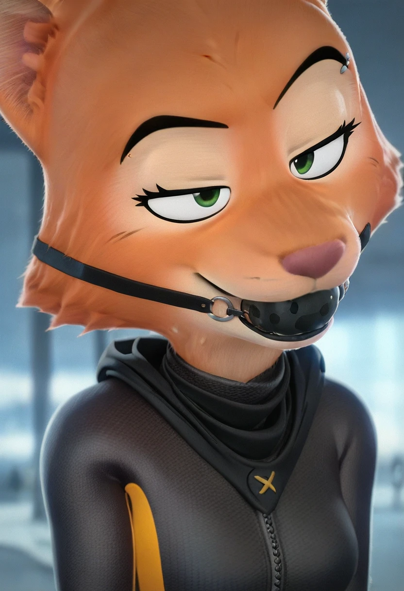 score_9, score_8_up, score_7_up, score_6_up, score_5_up, score_4_up, 
Diane_Foxington, ginger fur, emerald eyes, black lipstick, black eyebrows, silver piercings on eyebrow, fox tail, bodysuit with yellow trim and black wraps, smirk, gagged with ballgag, arms tied behind, shibari, hishi karada, whole body