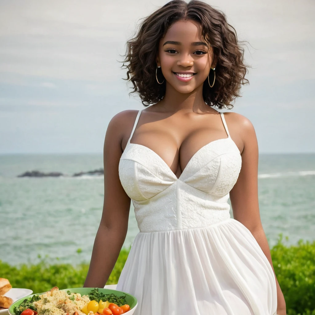 black with big breasts, with a long white dress, image with a lot of color, wind in your favor, green meal, by day happy look