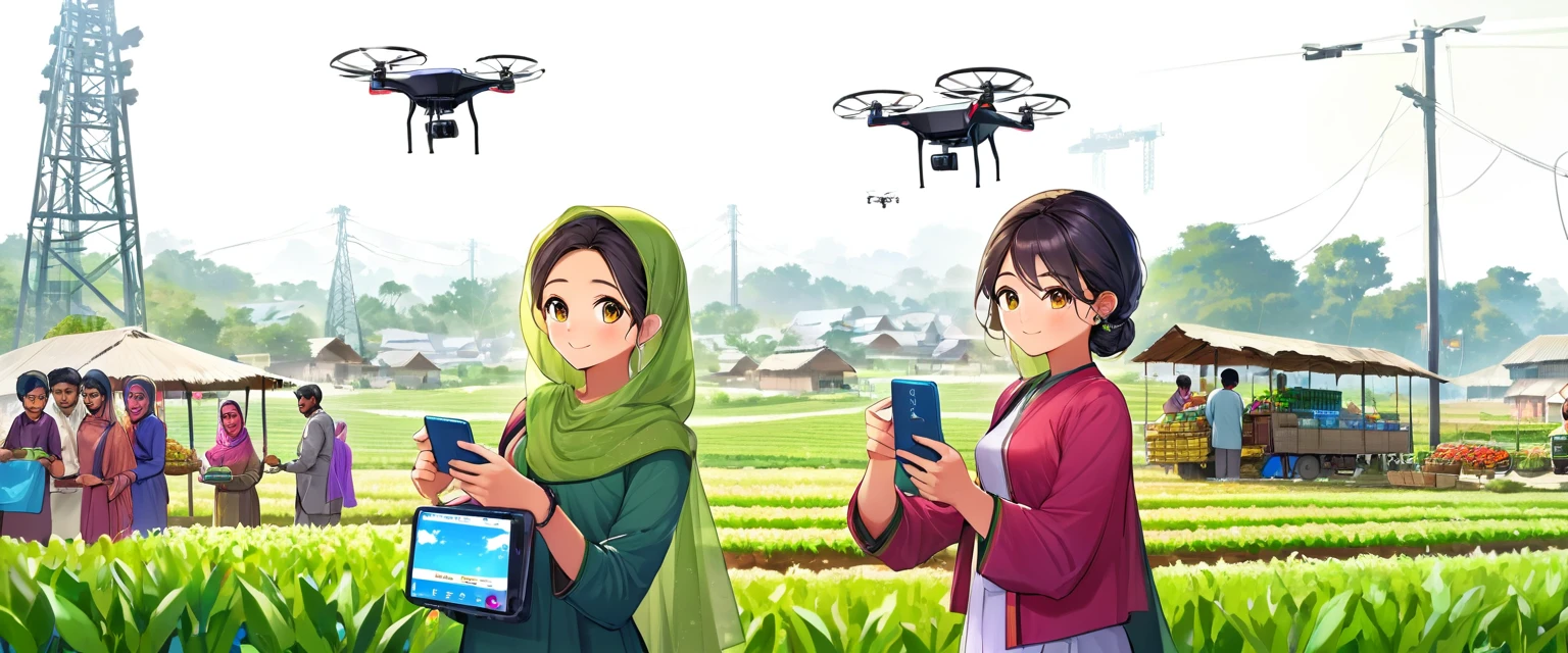(Bangladesh)), poster image of a vibrant landscape of Bangladesh, where tradition and technology converge, a Smart Village emerges., Smart Village: Bridging Tradition and Technology Connected Community: Villagers embracing the internet and computers, enhancing their daily lives and work. Modern Farming: Farmers utilizing smartphones for better crop management and market access. Tech-Enabled Families: Happy families benefiting from improved communication and education through technology. Innovative Infrastructure: Mobile towers ensuring seamless connectivity, with drones and robots supporting agricultural