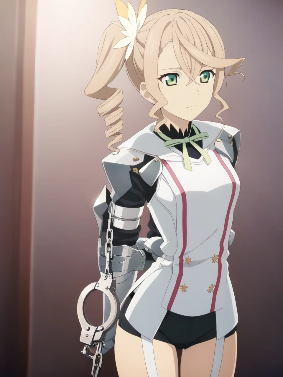 adarmor, blonde hair, side ponytail, green eyes, armor, neck ribbon, black shorts, garter straps, gauntlets, gloves, greaves, 1girl, solo
BREAK
 cinematic, game cg, anime screencap, official art, masterpiece, best quality
extremely detailed,high definition restrained,police,arrest,restrained,shackles,(((handcuffs, cuffs, upper body, handcuff, bound wrists))),masterpiece, best quality, alisha diphdahandcuffs behind her back,2 policewoman.behind her bsck position.escort in handcuffed.handcuffed behind back.alisha handcuffed,melia handcuffed behind her back.arrested.policewonan.handcuffs behind back