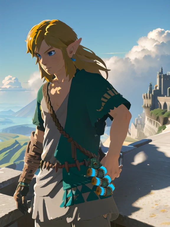 (best quality, 4K, high resolution, masterpiece: 1.2), Extremely detailed, Practical,A young man standing on a cliff,Enjoy the magnificent scenery. The young man is wearing a green tunic., Brown pants and boots. He has a sword and a shield on his back.. The landscape consists of mountains, The valley and the castle in the distance. Sky filled with orange and clouds, The sun shines through them. Image color is vibrant,Adventurous atmosphere. Image taken from the Zelda game,