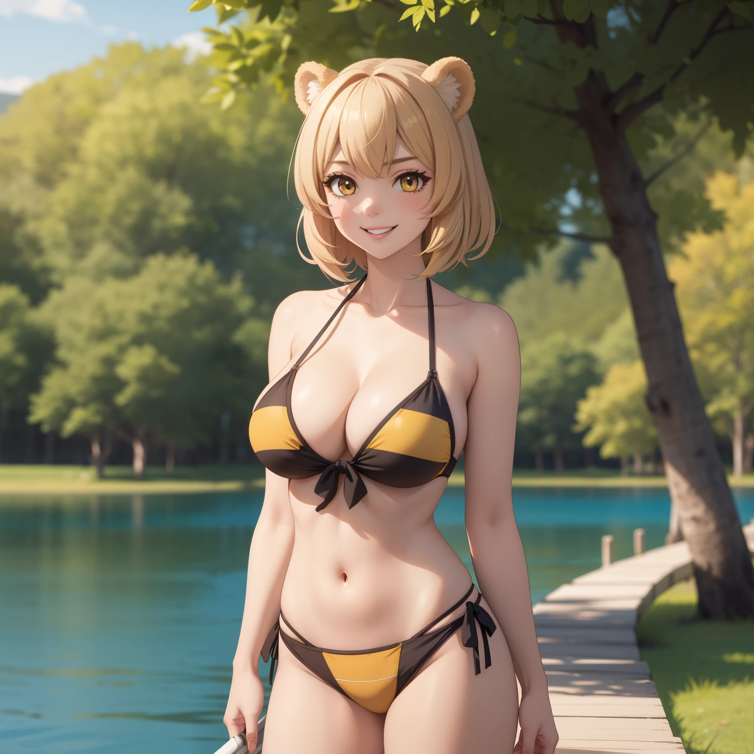 Raphtalia woman 24 years old, short ash blonde hair, short hair, bear ears, amber yellow eyes, short hair, mischievous smile, big breasts, Bikini, background of a lake. ash blonde hair.