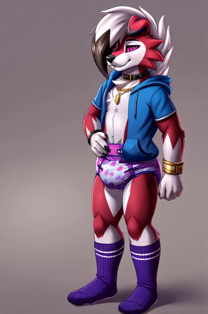 A dark purple Midnight femboy lycanroc wearing a blue and purple hoodie and diaper and white socks with black stripes and a gold necklace on his neck and with bracelets on his arms
